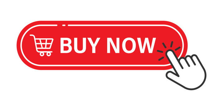 Red buy now button click label with hand cursor and shopping cart symbol. Transparent vector