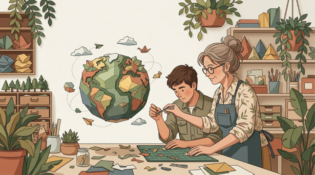 AI Generated Illustration of a Teacher and Student Crafting a Sustainable World Globe in a Cozy Plant-Filled Studio, Educational and Environmental Concept with Soft Warm Lighting