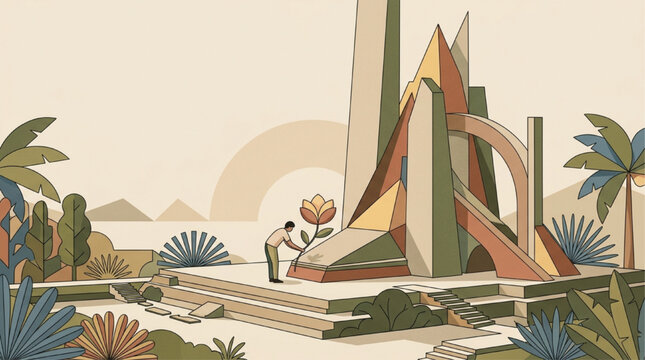 Minimalist flat vector illustration of a man tending to a large geometric architectural monument in a serene desert landscape with palm trees and mountains, AI generated.