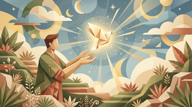 AI Generated Flat Vector Illustration of a Man Releasing a Glowing Origami Bird into a Celestial Sky with Sun and Moon, Symbolizing Hope, Peace, and Spirituality with Radiant Light