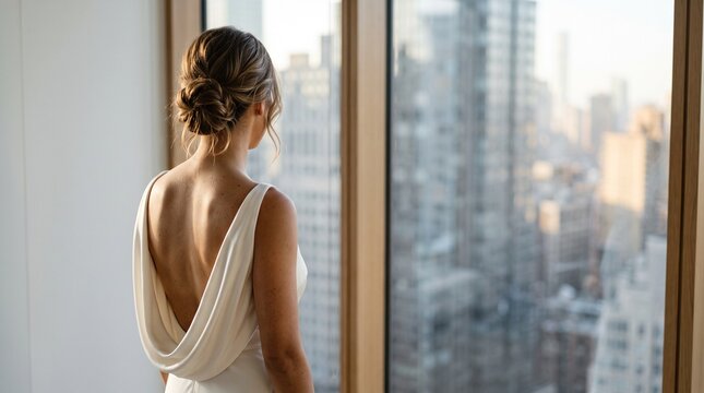 Woman in white backless dress looking out city window