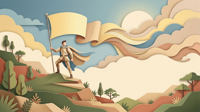 AI Generated Paper Cut Illustration of a Heroic Man Holding a Large Flag on a Mountain Peak at Sunrise, Symbolizing Success, Leadership, and Achievement in a Layered Paper Art Style