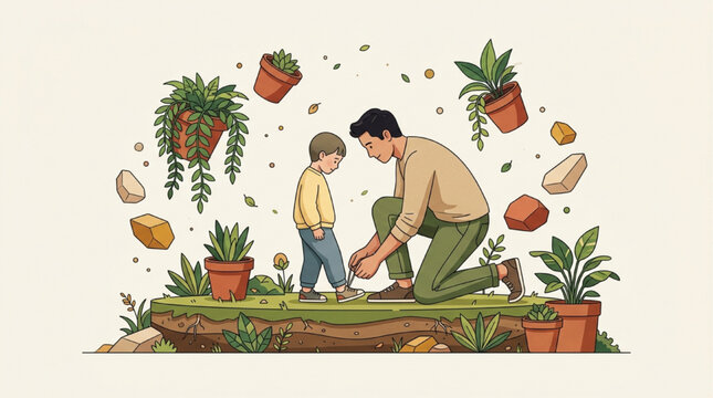 Minimalist Illustration of a Father Kneeling to Tie His Young Son's Shoelaces, Surrounded by Floating Potted Plants and Rocks, Concept of Parenting and Care, AI Generated