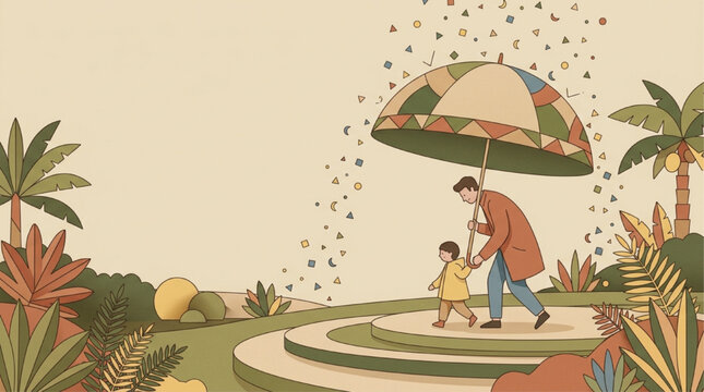 AI Generated Illustration of a Father Protecting His Child with a Large Umbrella from Falling Letters in a Tropical Garden, Concept of Education and Parenting, Muted Vintage Tones