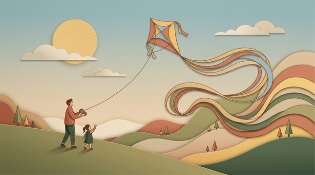 Whimsical paper-cut style illustration of a father and young daughter flying a colorful kite with long ribbons in a rolling hill landscape under a soft warm sun, AI generated digital art.