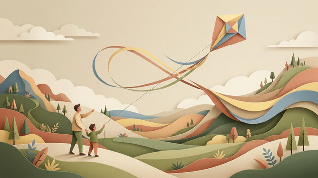 AI Generated Paper-cut Illustration of a Father and Son Flying a Colorful Kite Over Rolling Hills, Soft Pastel Colors, Layered Paper Art Style, Nostalgic Family Bonding and Childhood Memories