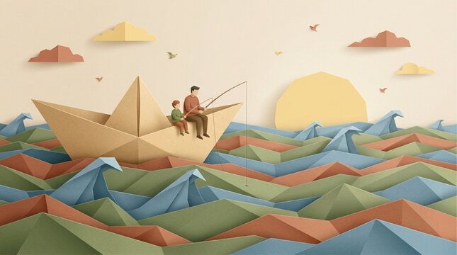 Whimsical Paper-Cut Art of Father and Son Fishing from a Large Origami Boat on a Stylized Ocean at Sunset, Imaginative 3D Paper Craft Illustration with Warm Lighting, AI Generated