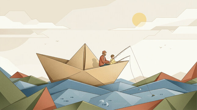 Imaginative illustration of a father and child fishing from a giant origami paper boat on stylized geometric waves, peaceful sunset atmosphere, minimalist flat art style, AI generated.