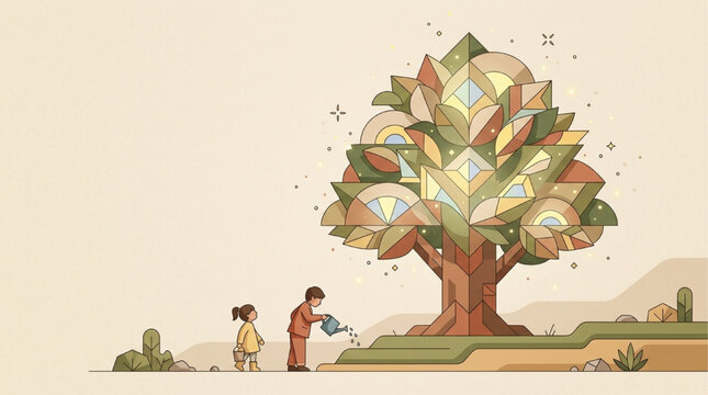 Conceptual Illustration of a Man and Child Watering a Large Geometric Tree, Symbolizing Growth, Sustainability, and Future Generations, Soft Pastel Colors, Minimalist Style, AI Generated