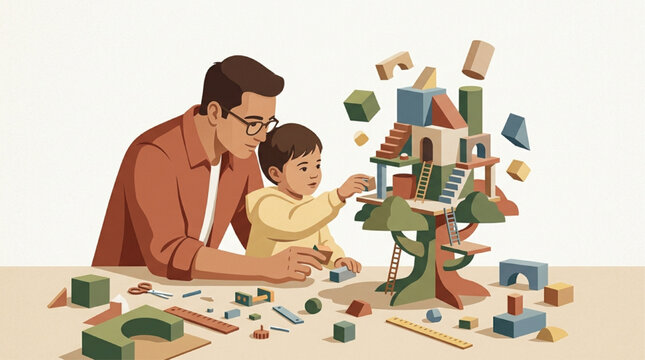 Flat illustration of a father and young son building a complex wooden treehouse toy with colorful geometric blocks, focusing on family bonding, creative play, and early childhood development.