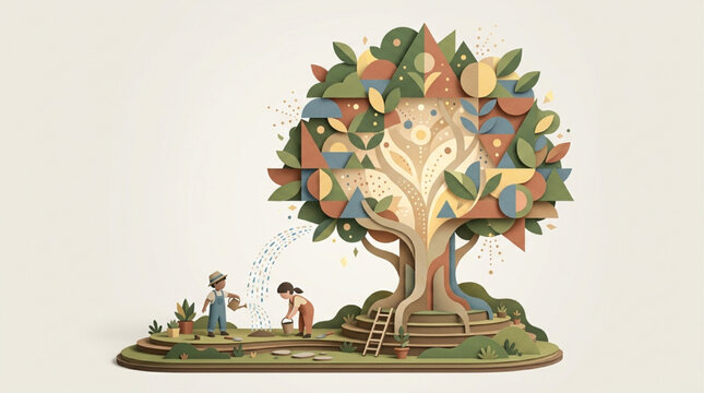 AI Generated Stylized Illustration of Children Watering a Large Geometric Tree, Symbolizing Growth, Environmental Education, and Sustainability, Soft Lighting, Minimalist Background