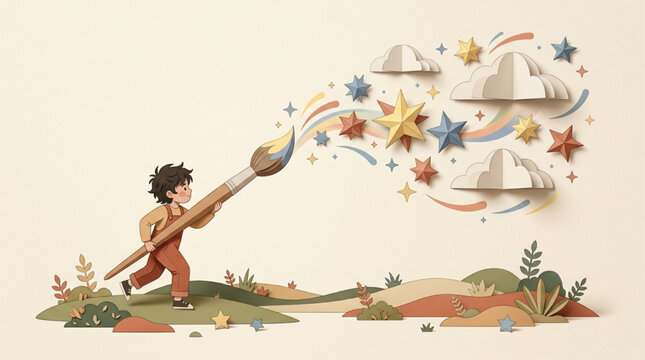 Whimsical 3D Paper-Cut Style Illustration of a Boy Painting a Magical Sky with a Giant Brush, Featuring Stars, Clouds, and Rainbows, Creative Imagination Concept, AI Generated