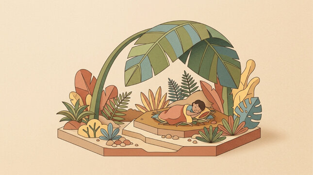 AI Generated Isometric Illustration of a Peaceful Child Sleeping Under a Large Tropical Leaf Shelter in a Lush Garden, Warm Earth Tones and Minimalist Nature Design