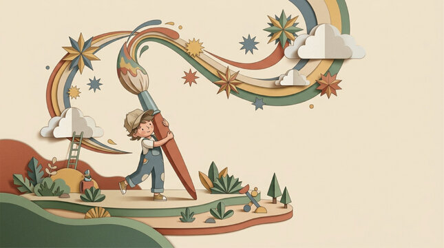 Whimsical 3D Paper Cut Illustration of a Young Boy Painting a Colorful Rainbow with a Giant Brush, Creative Childhood Imagination and Art Concept, AI Generated