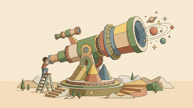 Whimsical Illustration of a Child Looking Through a Giant Colorful Telescope Discovering the Solar System, Planets, and Stars, Vintage Retro Style Art, AI Generated