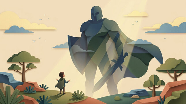 Paper-cut style illustration of a small child looking up at a giant ethereal knight guardian with a sword, inspiring courage and protection under soft sunbeams, AI generated
