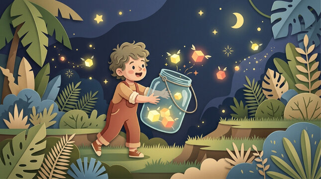 Whimsical AI Generated Illustration of a Young Boy Holding a Glass Jar Filled with Glowing Fireflies in a Magical Night Forest with Tropical Leaves, Crescent Moon, and Starry Sky