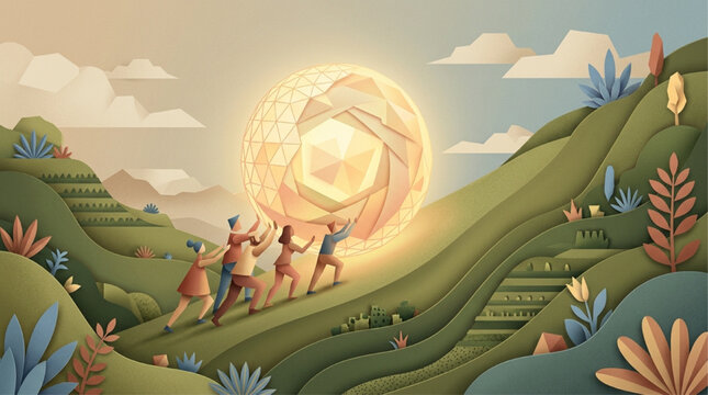 AI Generated Illustration of a Diverse Team Pushing a Large Glowing Geometric Sphere Up a Green Terraced Hill, Symbolizing Collective Effort, Innovation, and Sustainable Progress in a Paper-Cut Style