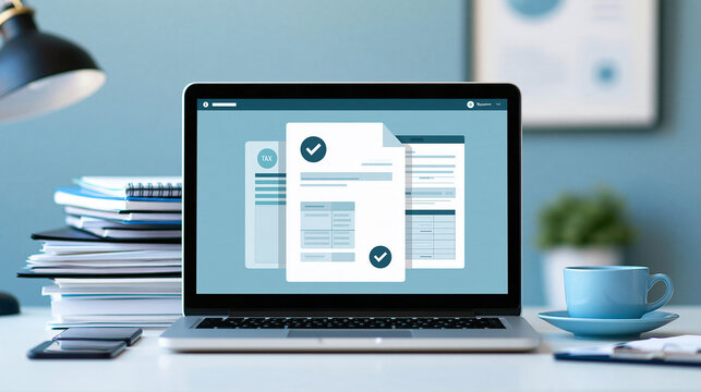 Professional submitting digital tax documents and financial reports through an online platform, laptop screen showing organized records and verification indicators, electronic tax