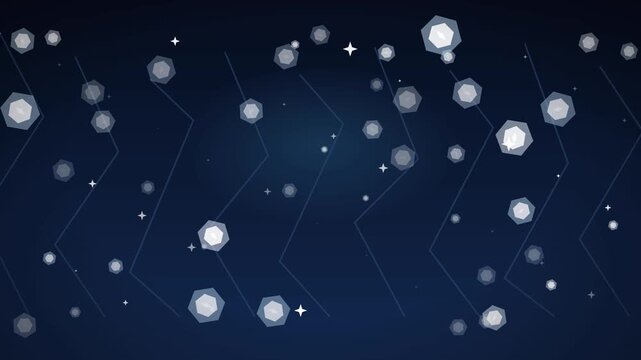 Geometric ice crystals sparkling and drifting on dark blue