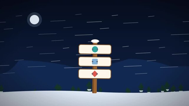 Wooden trail signpost swaying in wind on snowy mountain night