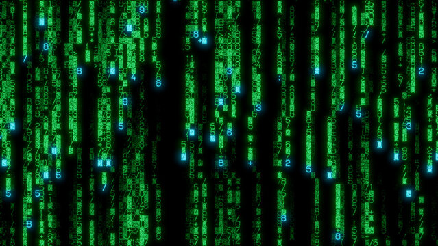 High-contrast digital data matrix featuring intricate green and blue binary code sequences on a black background, ideal for technology presentations and data visualization