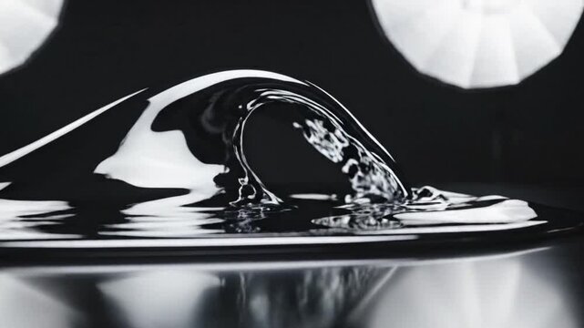 Liquid metal splash forming a wave shape on a reflective surface in a dark studio environment with soft lighting