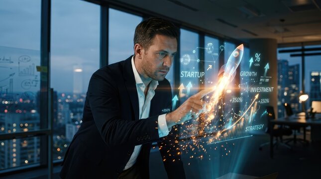 Focused entrepreneur launches startup rocket hologram representing exponential company growth.