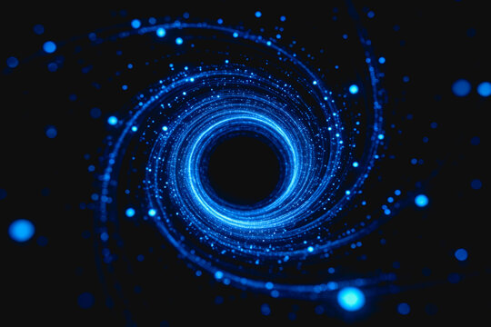 A 3D rendered abstract cosmic vortex formed by glowing blue particles spiraling around a dark central void, evoking space and science themes.