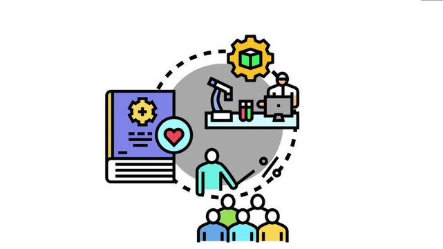 Professional development workshop depicting various elements like research. Learning materials. And a trainer educating a group. All connected by a continuous cycle of knowledge and skill enhancement