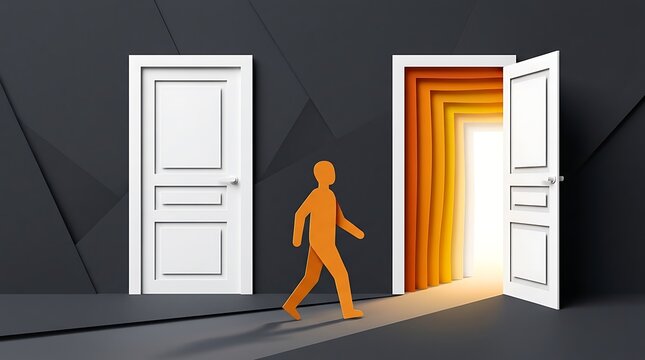 Orange silhouette walking toward open door with glowing light on dark wall