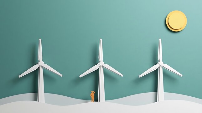 Person looking at white wind turbines with yellow sun on green paper background