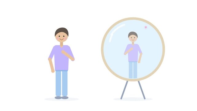 Mental health animation of man practicing self love in the mirror
