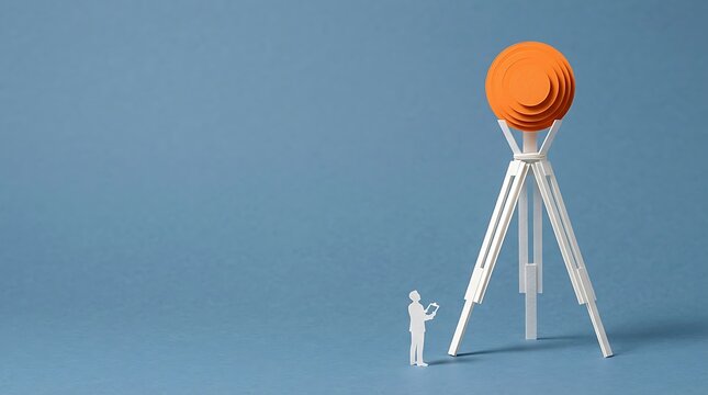 Miniature figure inspecting paper structure with orange circle on blue background