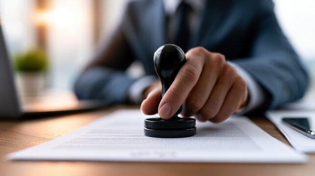 A hand presses a black rubber stamp onto a document with a laptop nearby