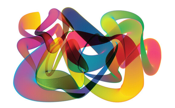Overlapping multicolor translucent mesh loops, intricate abstract ribbon network illustration