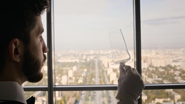 Young adult Caucasian sommelier wearing gloves inspecting clean wine glass near panoramic window. Footage suits luxury hospitality marketing, fine dining commercials, and catering promos
