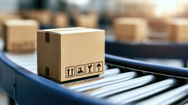 Cardboard shipping box travels on a metal conveyor belt in a warehouse setting