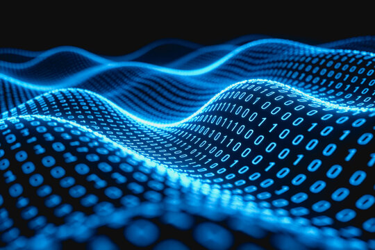 A dynamic 3D digital wave constructed from glowing binary code particles, representing data flow and modern technology.