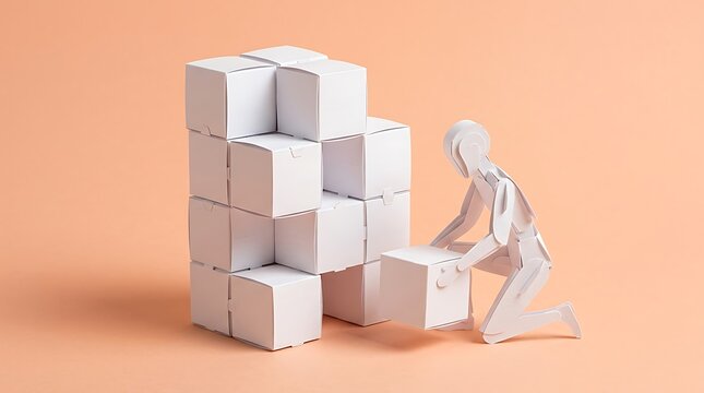 Paper figure placing white cube on stack against a soft peach background