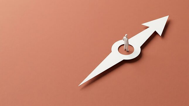 Miniature figure standing on white paper compass arrow pointing forward on brown background