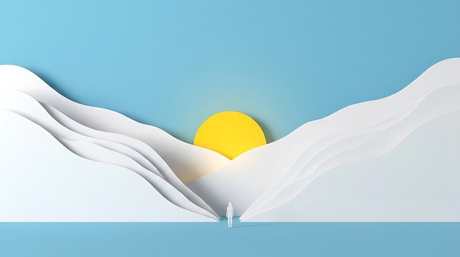 Small person standing before bright yellow sun and layered white paper mountains
