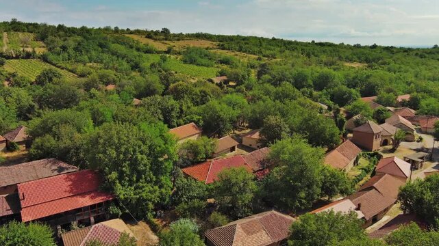 Aerial view of old rustic vintage houses with wine cellars in Rogljevacke pivnice in Negotin region of Serbia, 4k