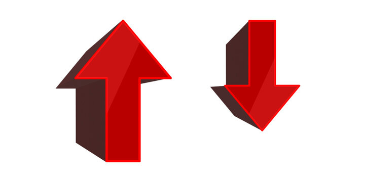 Glossy Red 3D Up and Down Arrow Icons Set Isolated on Pure White Background