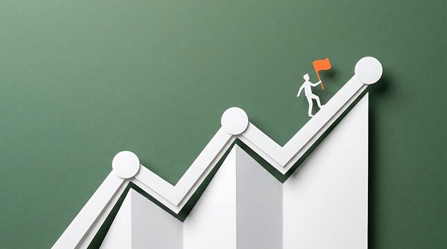Paper figure climbing white growth chart with orange flag on green background