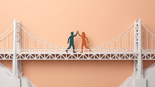 Two paper figures high-fiving on iconic bridge silhouette background