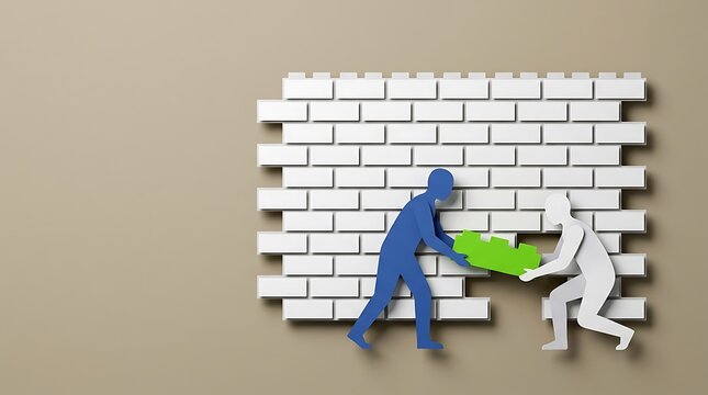 Figures placing final green brick in wall on beige background