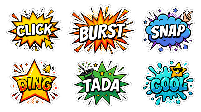 Click burst snap ding tada cool comic speech bubbles.
