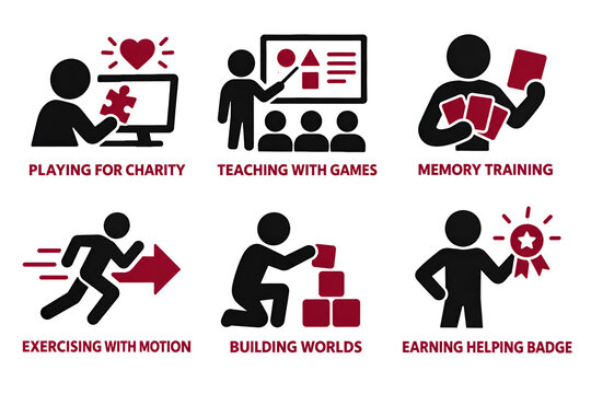 Various pictogram vector icons depicting cognitive learning and physical activities with captions below each illustration