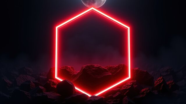 Neon hexagon glows above rocky terrain. Dark background features moon, creating futuristic landscape. Minimalist design, dramatic lighting.
